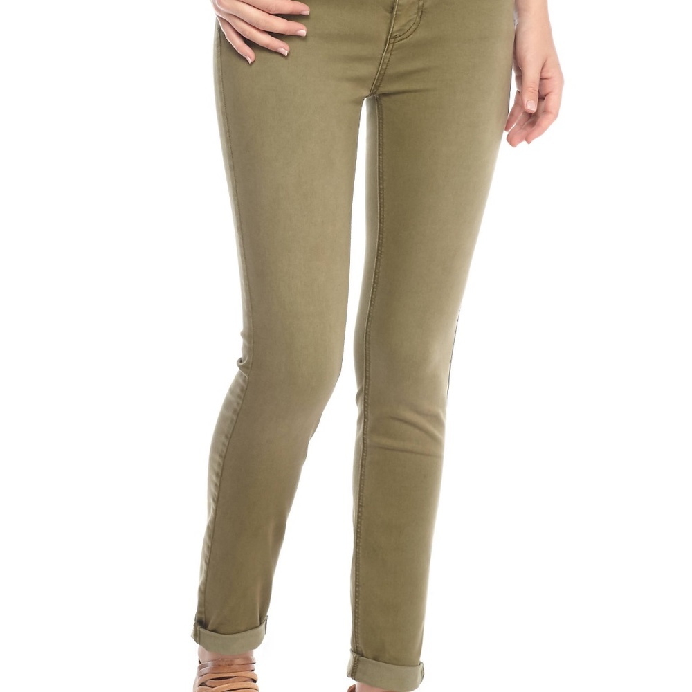 Olive green, Free People stretch jeans.